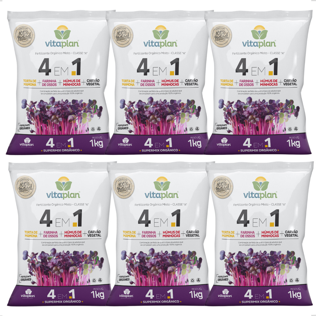 6 x Fertilizante 4 em 1 Torta de Mamona  Farinha de Ossos Humus de Minho Carvão Vegetal 1kg Vitaplan