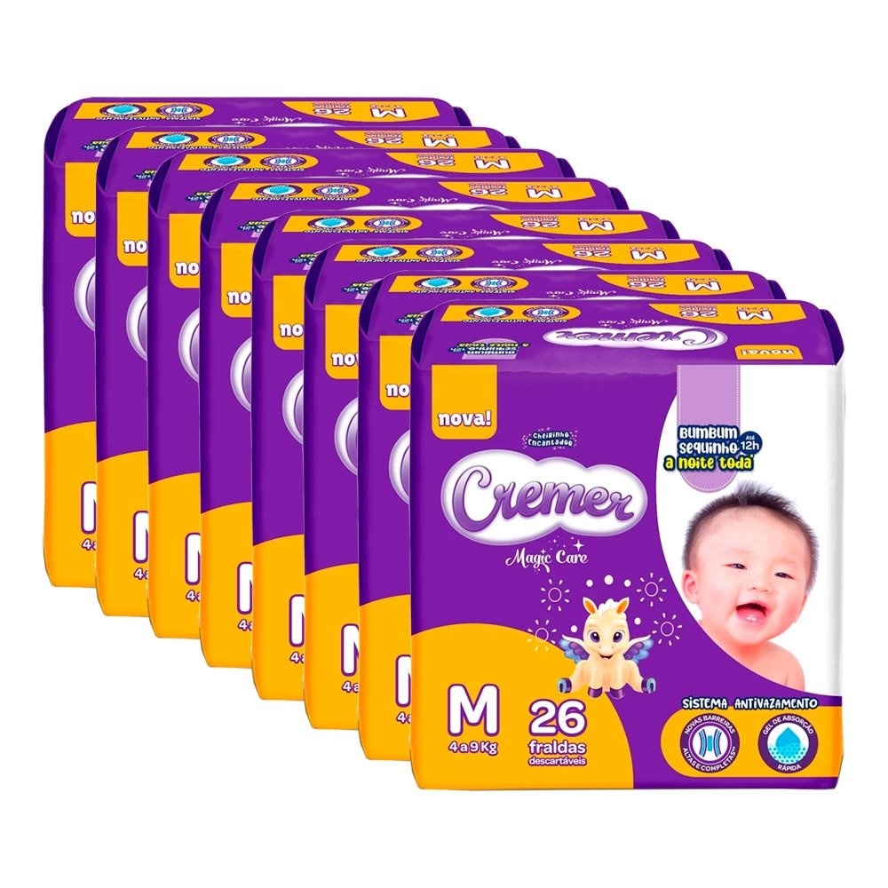 Fralda Descartável Cremer Magic Care Jumbo Tamanho M - 8 Pacotes com 26 Fraldas - Total 208 Tiras em Oferta na Shopee