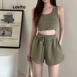 Lovito Conjunto de Shorts com Cintura Elástica Simples para Mulheres LNE16202 (Verde Exército)