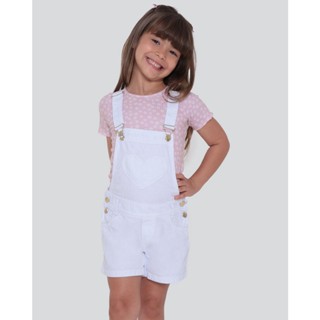 Jardineira Sarja Infantil Coração Branco