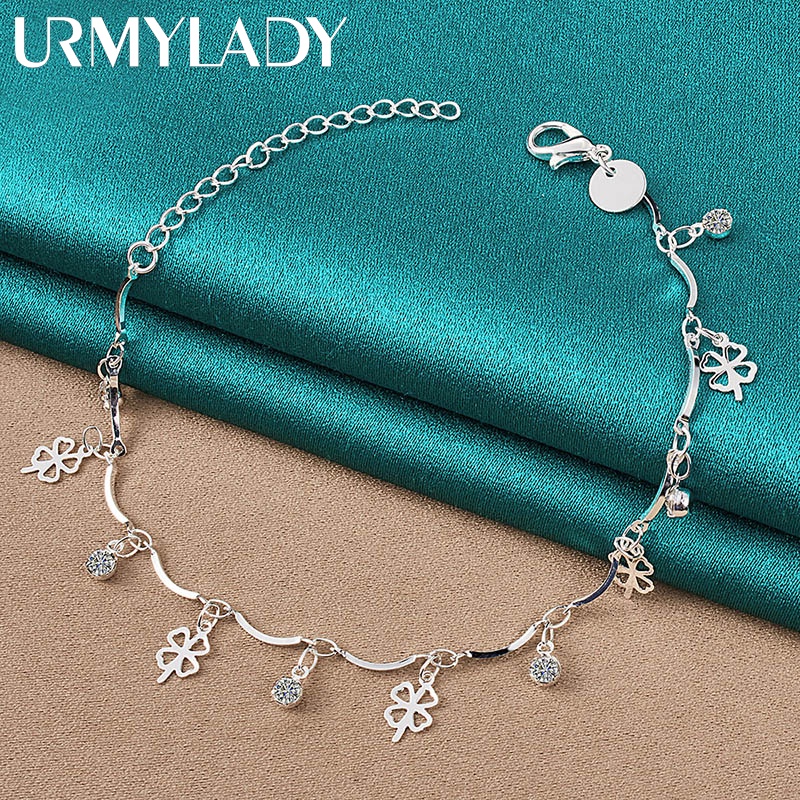 URMYLADY 925 Sterling Silver Four-Leaf Clover Round Zircon Pendant Pulseira Para Festa De Casamento Feminina Jóias De Encanto Da Moda