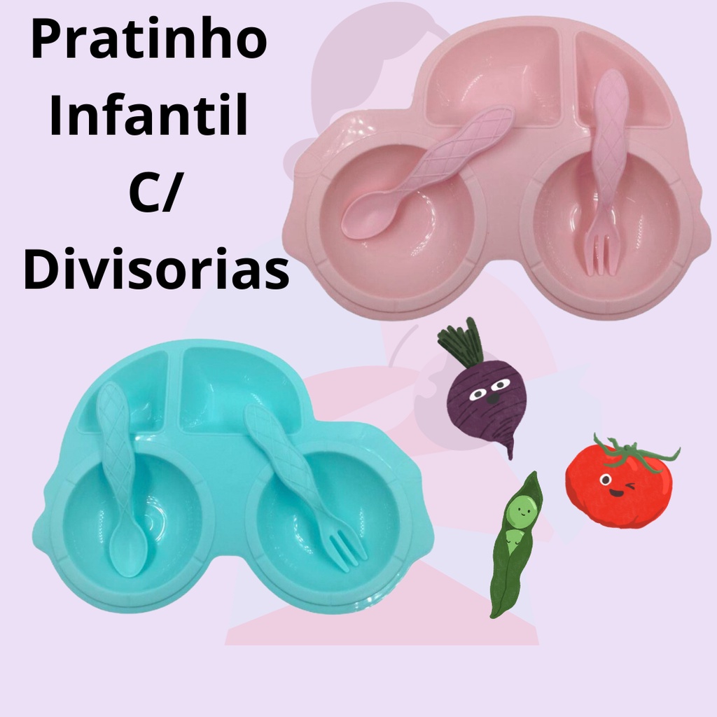 Pratinho Infantil Plastico Carrinho Para papinha C/ Talheres Divisorias Criança