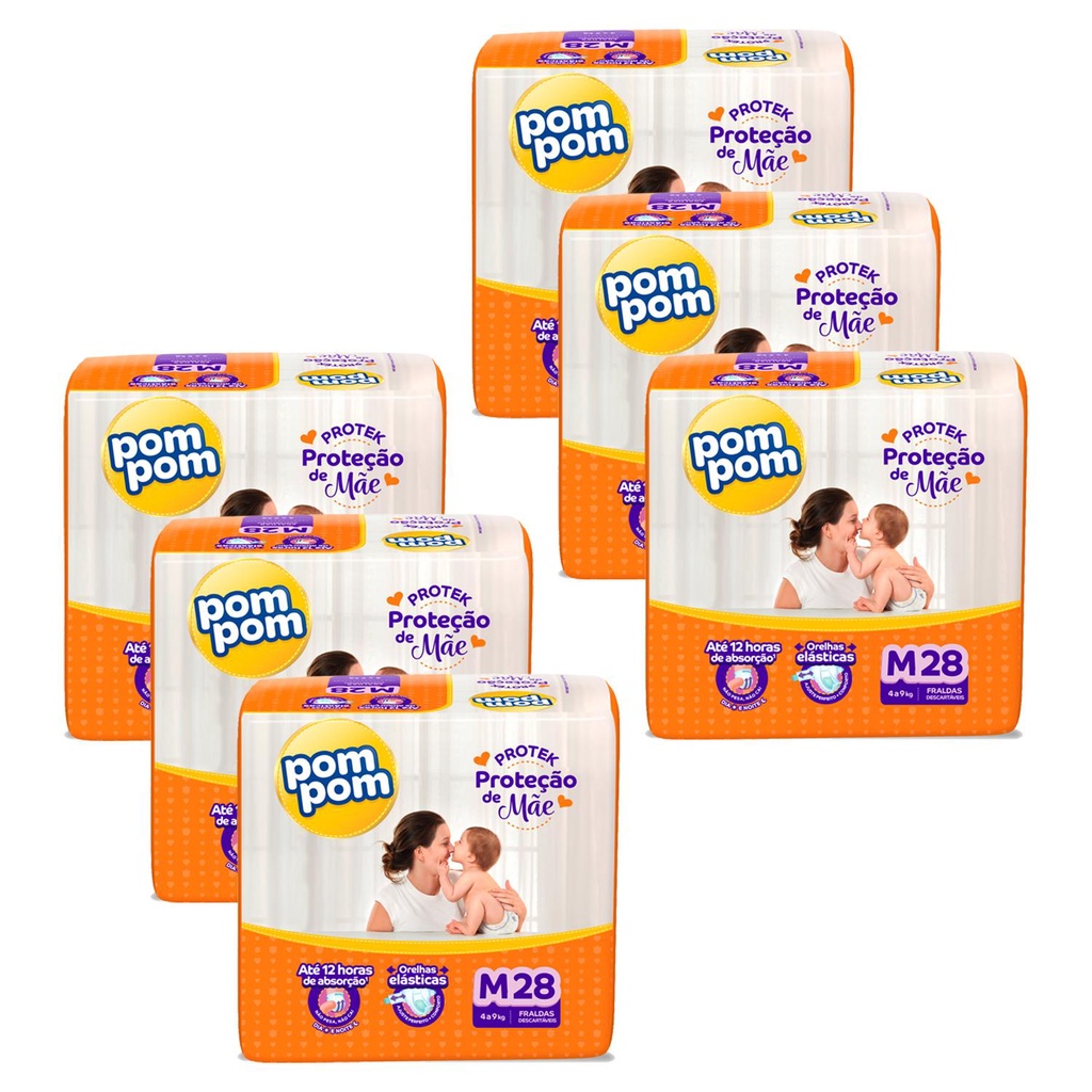 Kit 6 Fraldas Pom Pom Protek Proteção de Mãe Jumbo M com 28un cada em Oferta na Shopee