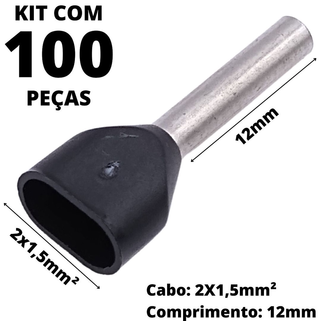 100un Terminal Tubular Ilhós Pré-isolado Duplo Para Cabo de 1,5mm² Metal 12mm Preto TE1512