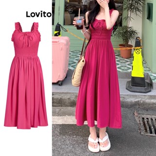 Lovito Casual Vestido Feminino Liso Amarrado Bata L67AD161 (Rosa Melancia)