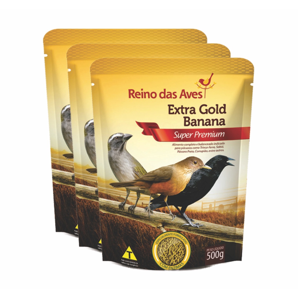Kit 3un Racao Extra Gold Banana 500g Reino das Aves