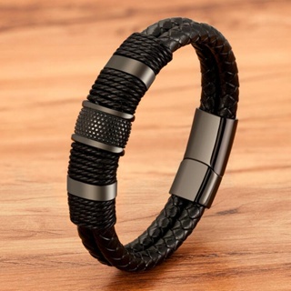 Vintage Fashion Hip Hop Punk Leather Woven Black Men's Bracelet Acessórios De Moda Festa em Oferta na Shopee