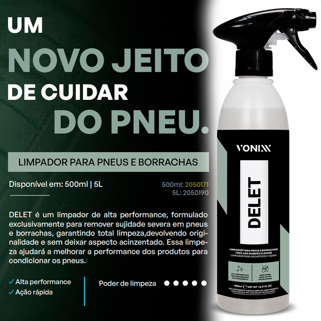 Limpador de Pneus Borrachas Plásticos Desincrustante Automotivo Estética - Delet 500ml Vonixx em Oferta na Shopee