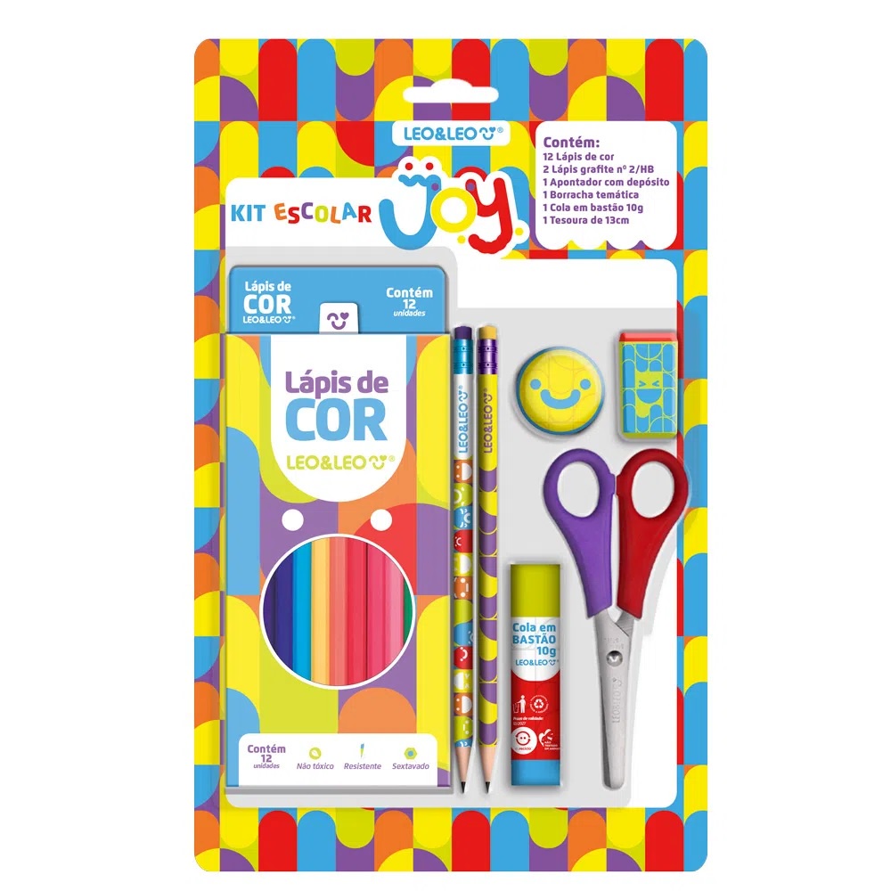 Kit Escolar 6 Peças 2 Lápis + 12 Lápis de Cor Joy Leo&Leo | Borracha | Apontador | Tesoura | Material | Pintura | Recorte | Divertido | Colorido