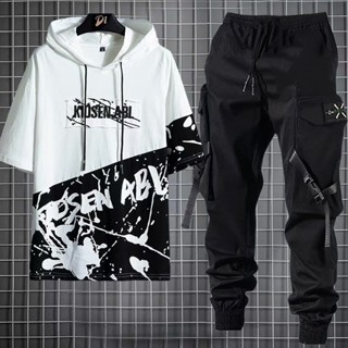 Calças De Carga Masculinas Estilo Hip Hop Joggers + Conjunto De Homens Com Capuzes Casuais Camisetas De Manga Curta Vestuário Masculino De Verão