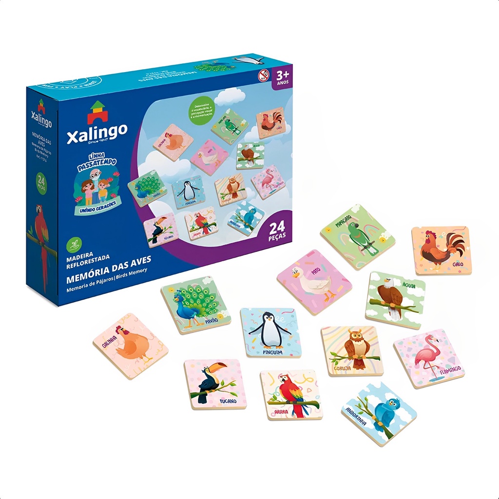 Jogo Da Memória Infantil +3 Anos 24 Peças Aves Passatempo Em Madeira Reflorestada Xalingo - 17376 em Oferta na Shopee