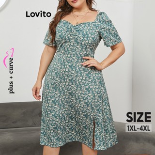 Lovito Vestido Feminino Plus Size Curvo Casual Ditsy Floral Dividido Frontal LNL37120 (Verde)