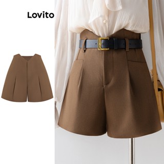 Lovito Casual Shorts Feminino Liso Plissado Rodado L71ED087 (Marrom)