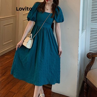 Lovito Vestido Plissado com Detalhe de Drapeado para Mulheres LNE39388 (Azul Escuro)