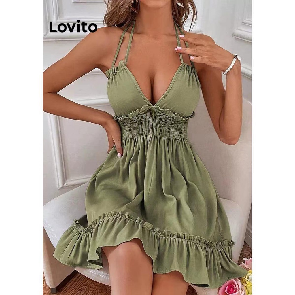 Lovito Vestido Casual Liso Com Renda E Acabamento De Alface Para Mulheres LNL39233 (Azeitona/Branco)