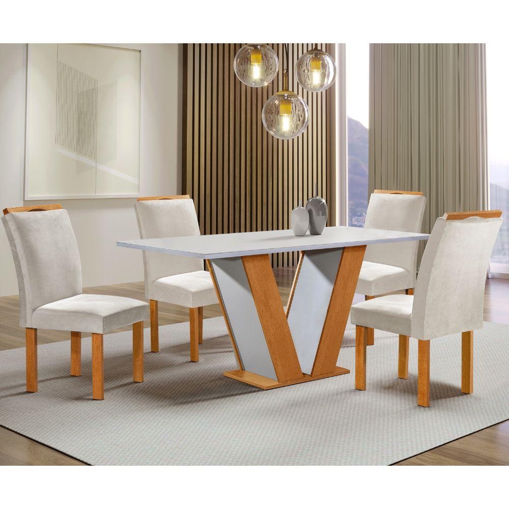 Mesa de Jantar 4 Cadeiras Tampo de Vidro Cinamomo/Off White - Home & Living