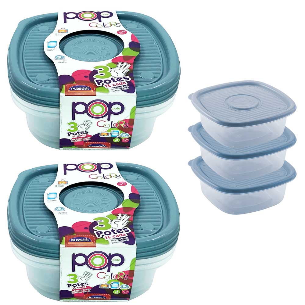 Kit 6 Potes Plástico de 1 Litro Alimentos Mantimentos Comida Frutas Legumes Geladeira Microondas Freezer Marmita Vasilha