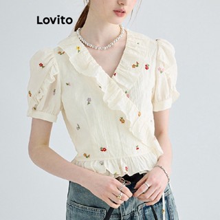 Lovito Casual Blusa Feminina Floral de Jacquard Cruzada com Babados L74ED230