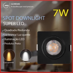 Luminária Spot Led Quadrado Direcionável 7W Embutir Gesso Teto Preto | Luz Branca / Luz Amarela Bivolt Spot Super LED