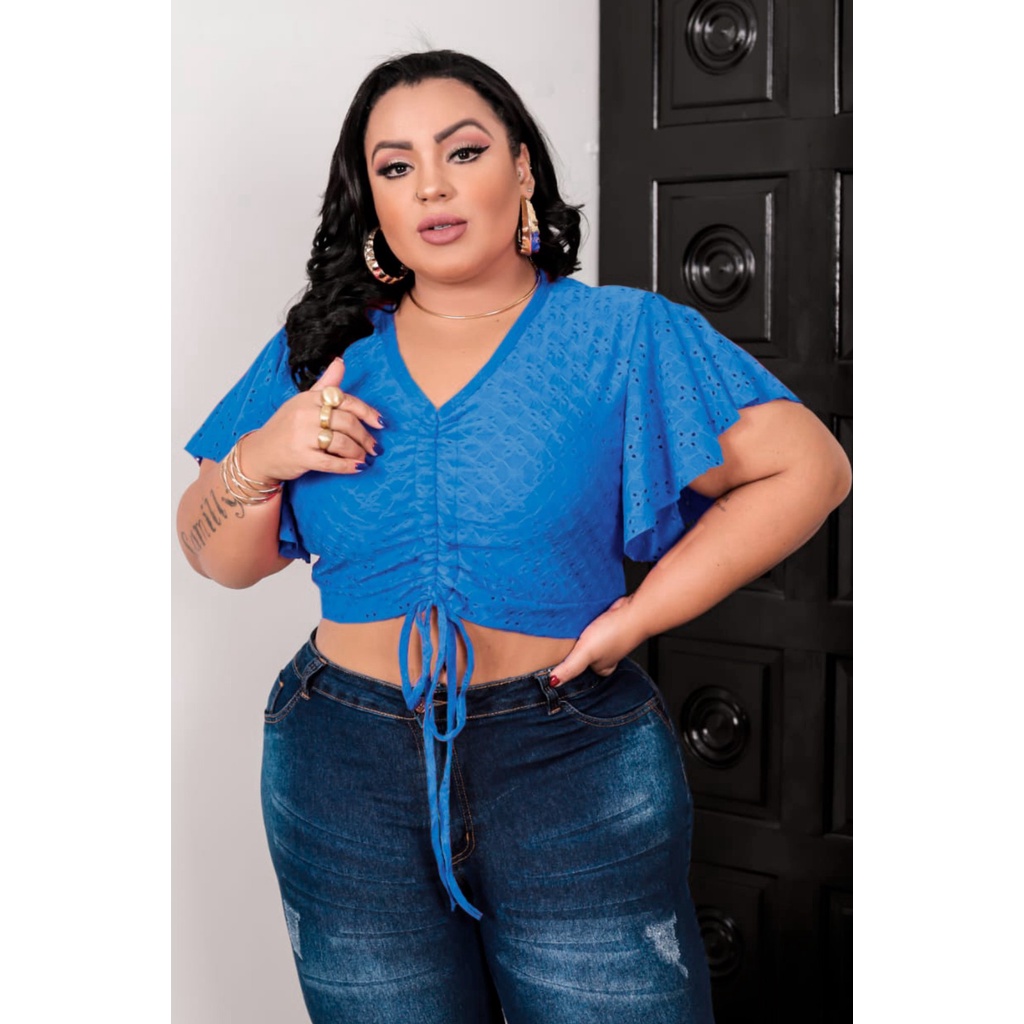 Blusa Bata Feminina Plus Size Cropped Laise Forrado Regulagem Verão 48 50 GG G1