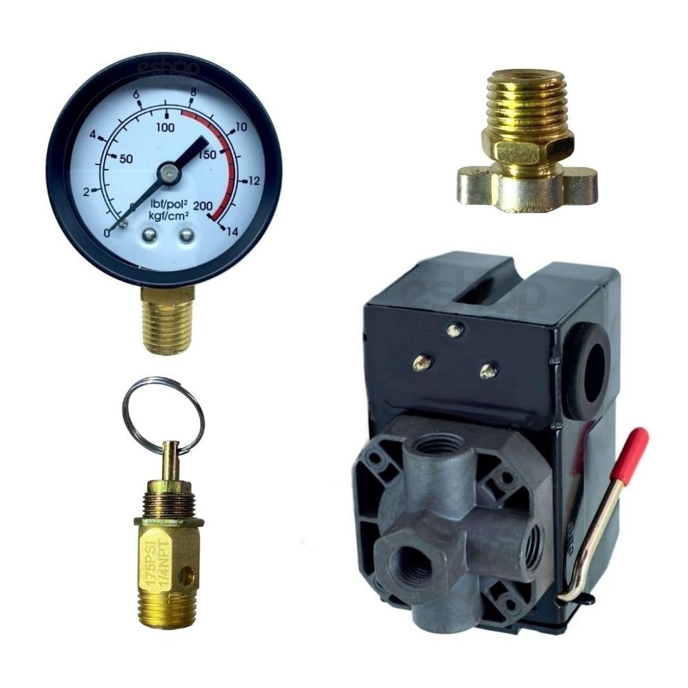 Pressostato 125/175 Psi 4 Vias + Manômetro Válvula e Dreno