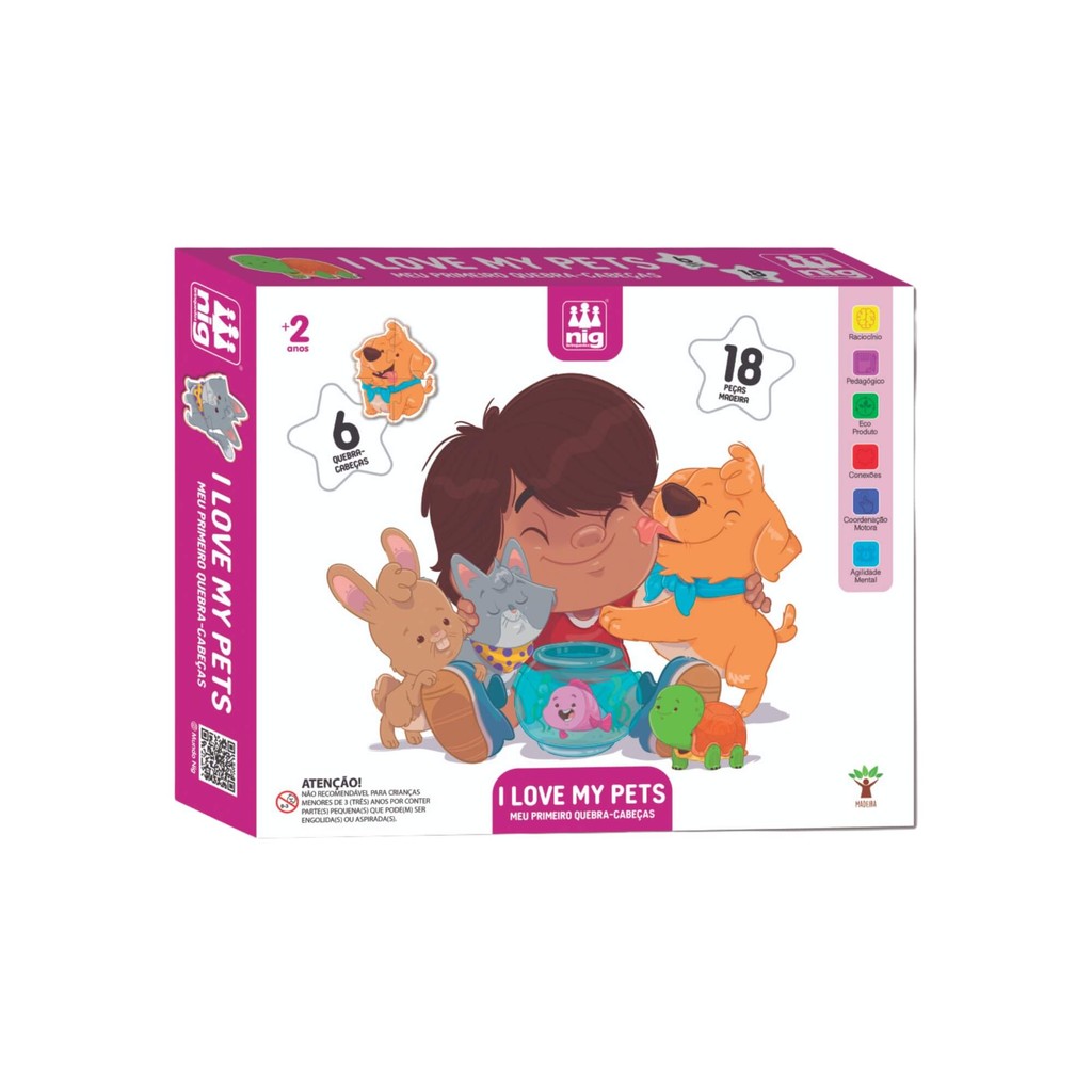 Quebra-Cabeça Infantil I Love My Pets 30 Peças Madeira NIG - 0439