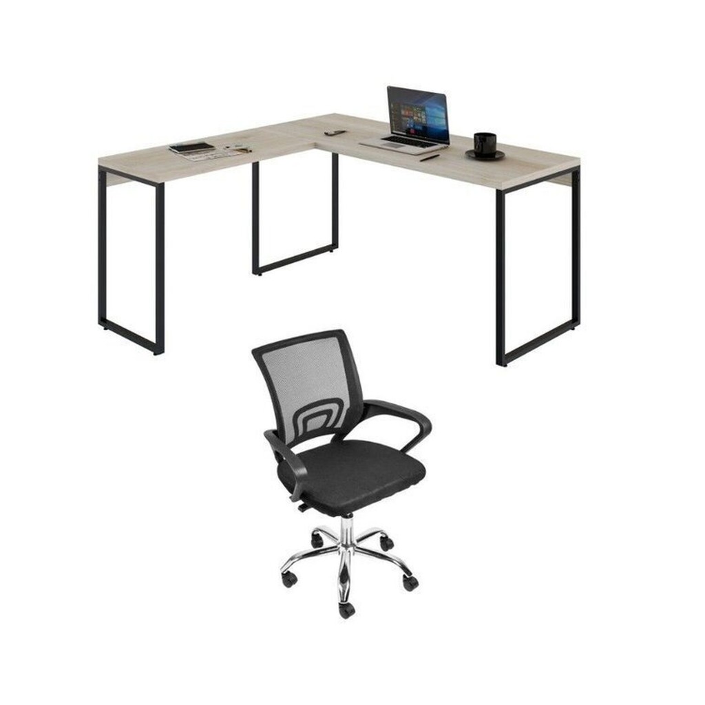 Kit 2 Peças com Mesa para Escritorio em L Industrial 150cm Kuadra e Cadeira de Escritório Diretor Tok Snow/Preto