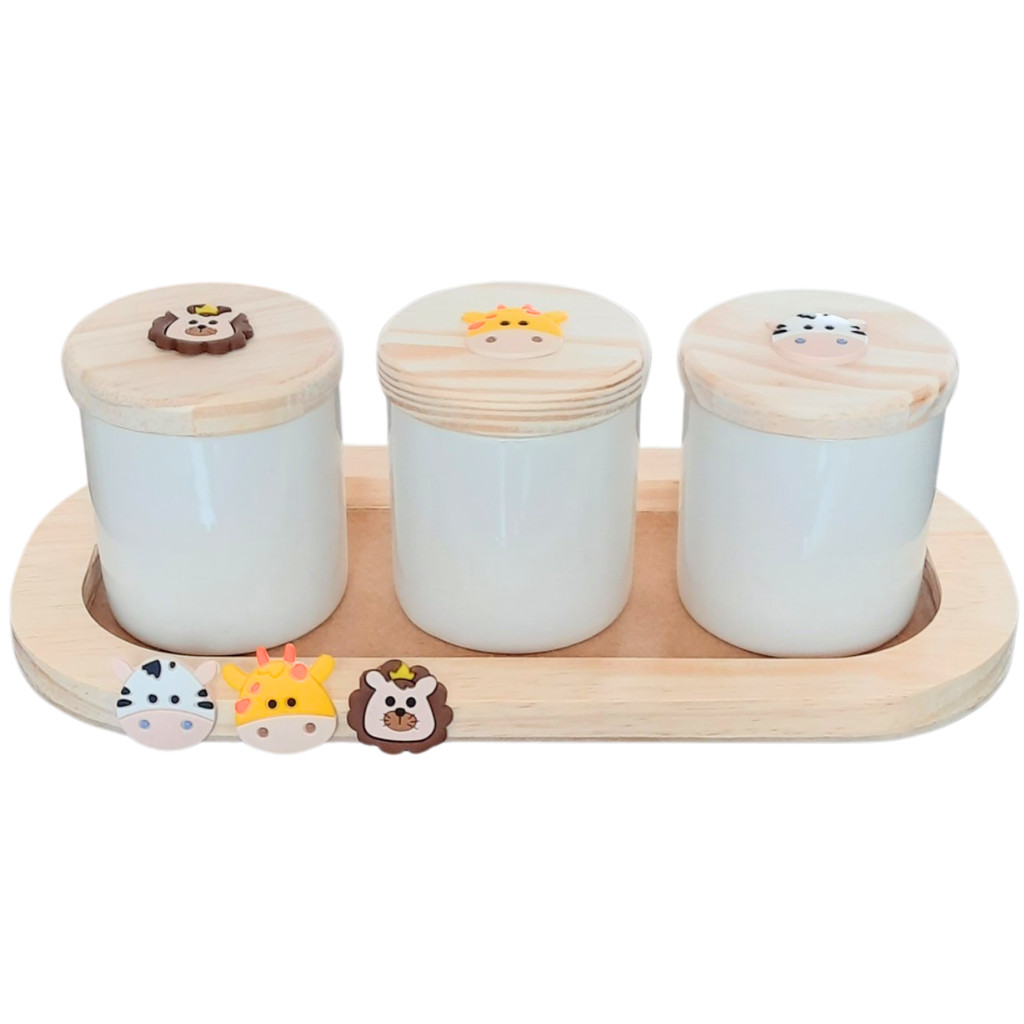 Kit higiene bebê 4 peças Safari - Bandeja e potes - Peças porcelana bandeja e tampas pinus
