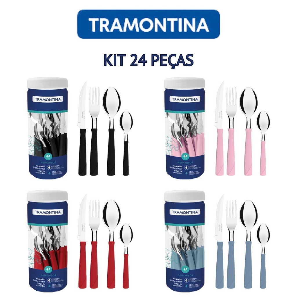 JOGO DE TALHERES FAQUEIRO TRAMONTINA  24 PEÇAS AÇO INOX-NEW KOLOR
