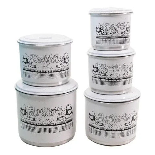 Kit Conjunto Porta Mantimento Branca 5 Peças Branco Em Aluminio Decorado Condimento