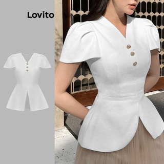 Lovito Blusa Casual Sem Adornos com Botões e Plissado para Mulheres L85AD010 em Oferta na Shopee