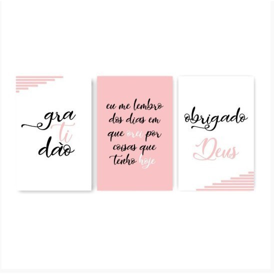 Kit Quadro decorativo mosaico 3 peças Mensagem Gratidão rosa painel decoração Sala Quarto