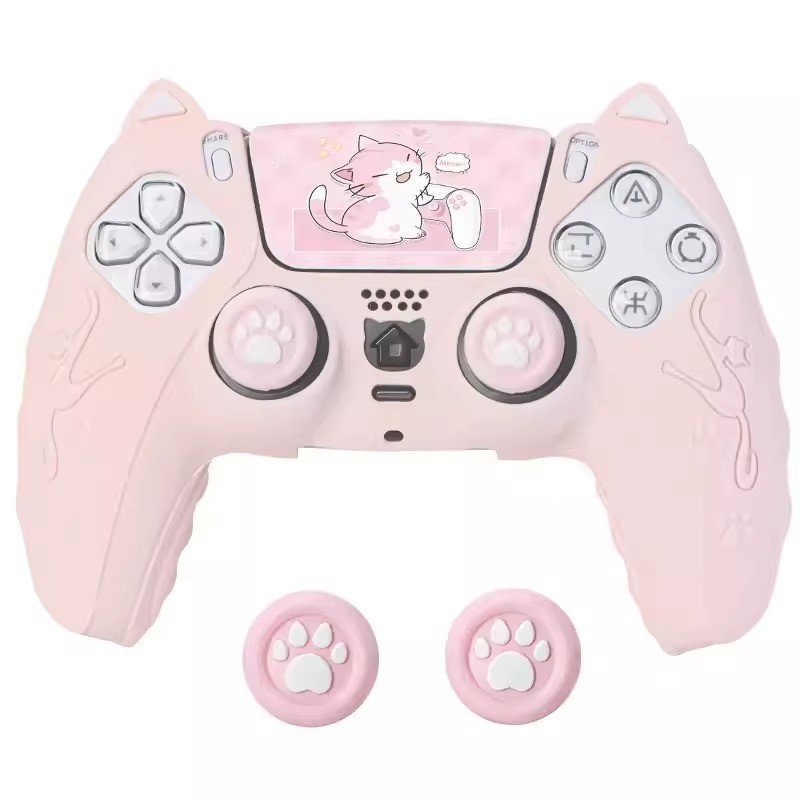 Para PS5/PS5 Magro PRO Controlador Caso Conjunto De Silicone Bonito Gato Polegar Grip Caps + PS5 Capa Escudo + Stiker Pl
