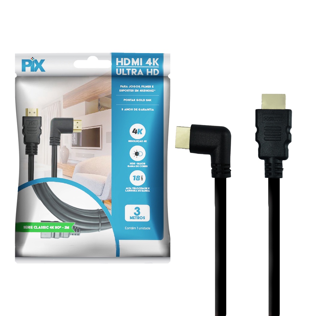 Cabo Hdmi 3M 90º 2.0 4k Ultra Hd 3d 2160p Plug L 90 Graus