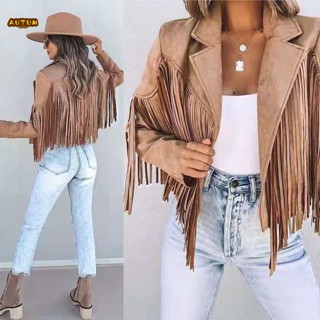 Mulheres y2k Franjas Hem tassel cardigan Crop tops e-girl Motocicleta Camurça Casaco De Couro Dos Anos 90 vintage streetwear Cold Coat