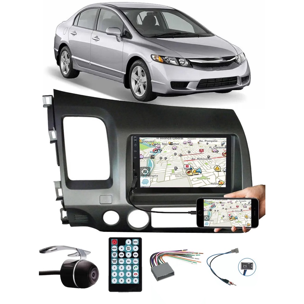 Multimídia New Civic 2007 à 2011 Espelhamento Bluetooth USB SD Card + Interface Volante + Moldura + Chicotes + Câmera Ré