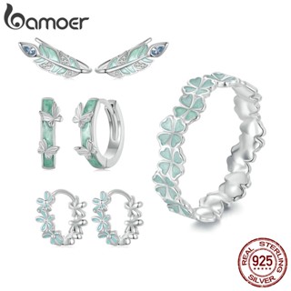 Brincos Bamoer 925 Sterling Sliver Earrings Floresta Verde Estilo Borboleta Design Orelha Barbatanas Jóias Presentes Para Mulheres