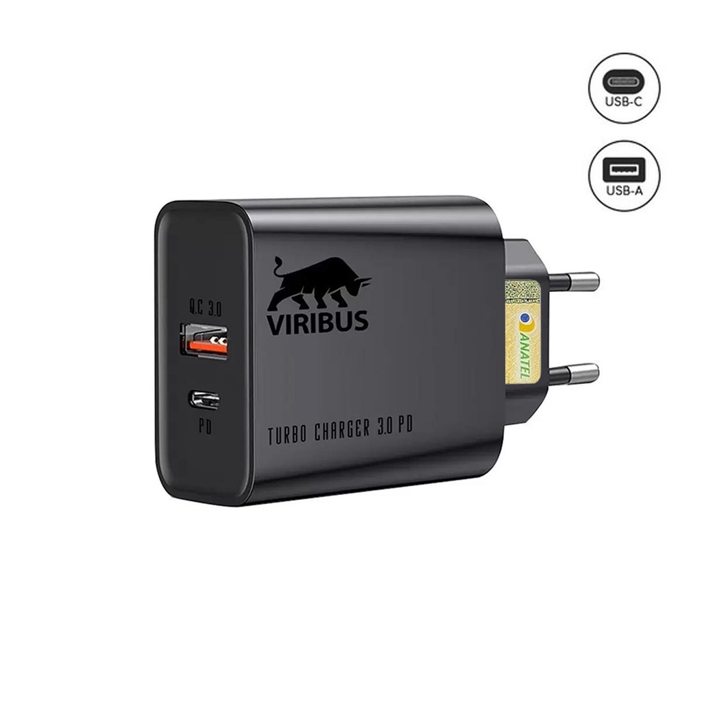 Fonte Carregador Turbo 20w Usb + Type-c Pd Qc 3.0 Quick Charger 110v / 240v - Viribus