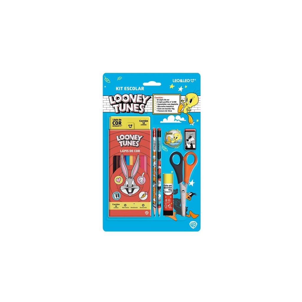 Kit Escolar Looney Tunes - Lápis 12 Cores + 5 Itens -Leo&Leo em Oferta na Shopee