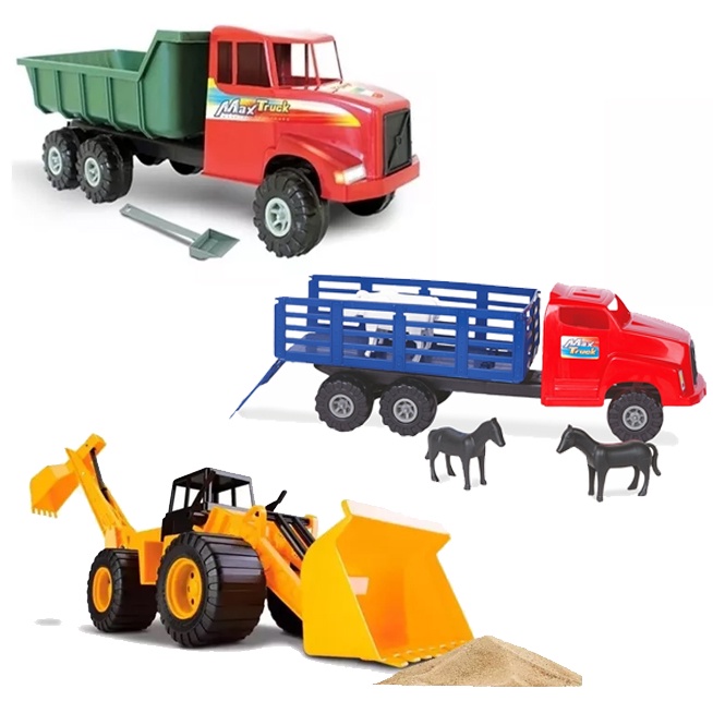Kit Trator Retroescavadeira Escavadeira Caminhao Basculante Com Pa Caminhao Boiadeiro Grande Brinquedo
