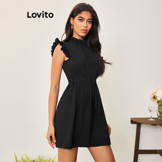 Lovito Casual Macacão Feminino Liso Amarrado LBA05060 (Preto)