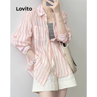 Lovito Elegante Blusa Feminina Listrada com Bolso LNE27201 (Rosa)