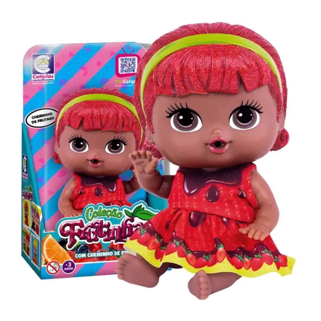 Brinquedo Boneca Coleção Frutinhas Morango e Chocolate com Cheirinho de Frutas 19cm em Plástico Vinil Cotiplas - 2513