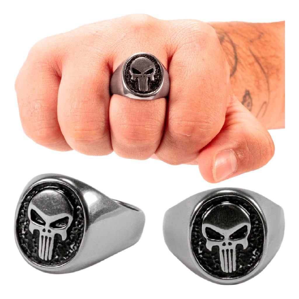 Anel Justiceiro Aço Inox Caveira Motoqueiro Moto Harley Oval