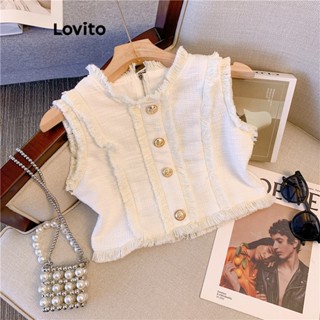 Lovito Casual Blusa Feminina Lisa com Bainha Desfiada e Botão Frontal LNE30052 (Off White)