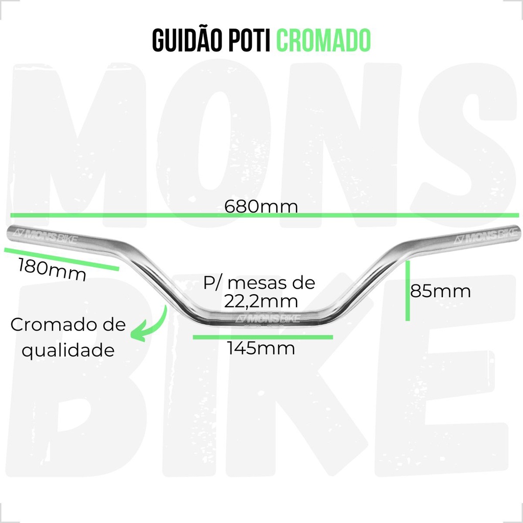 Guidão Bike Mtb Poti 680mm X 22,2mm Preto Ou Cromado Bicicleta Curvado