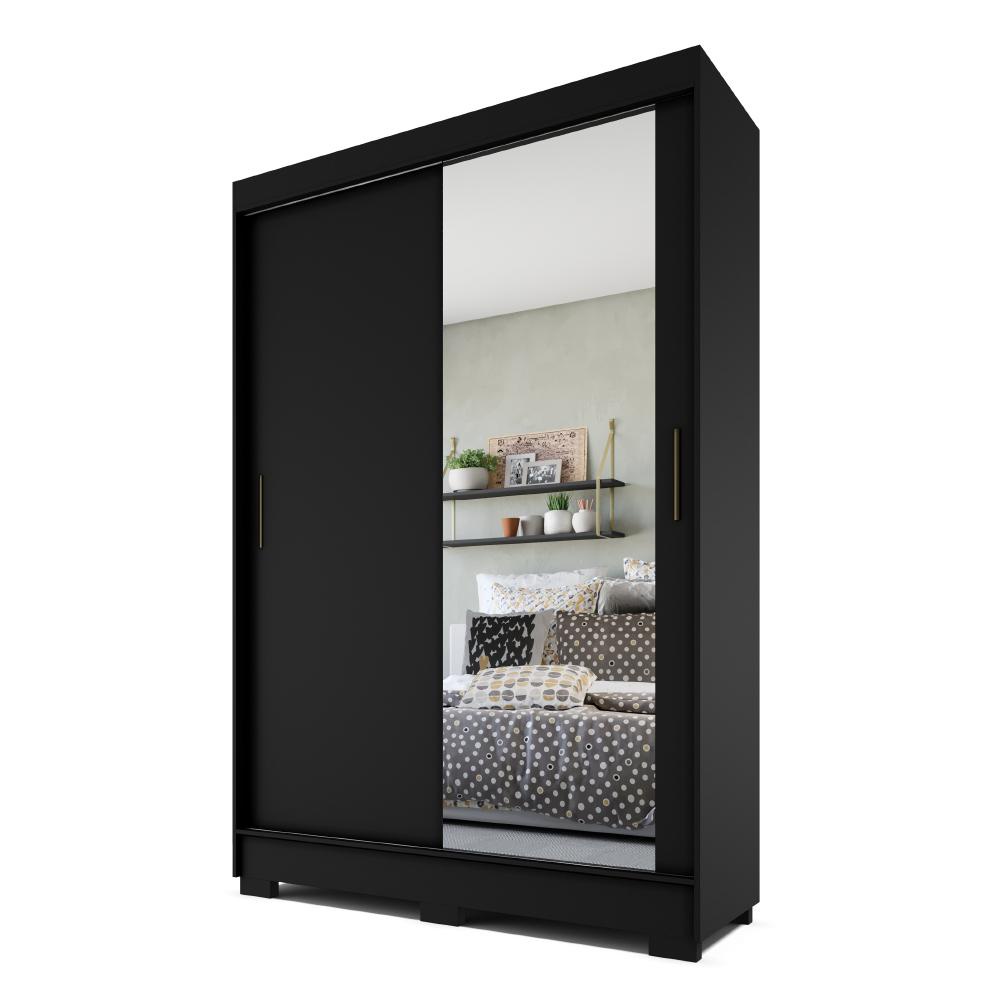 Guarda Roupas Solteiro Com Espelho 2 Portas de Correr 2 Gavetas Leblon Preto - Home & Living