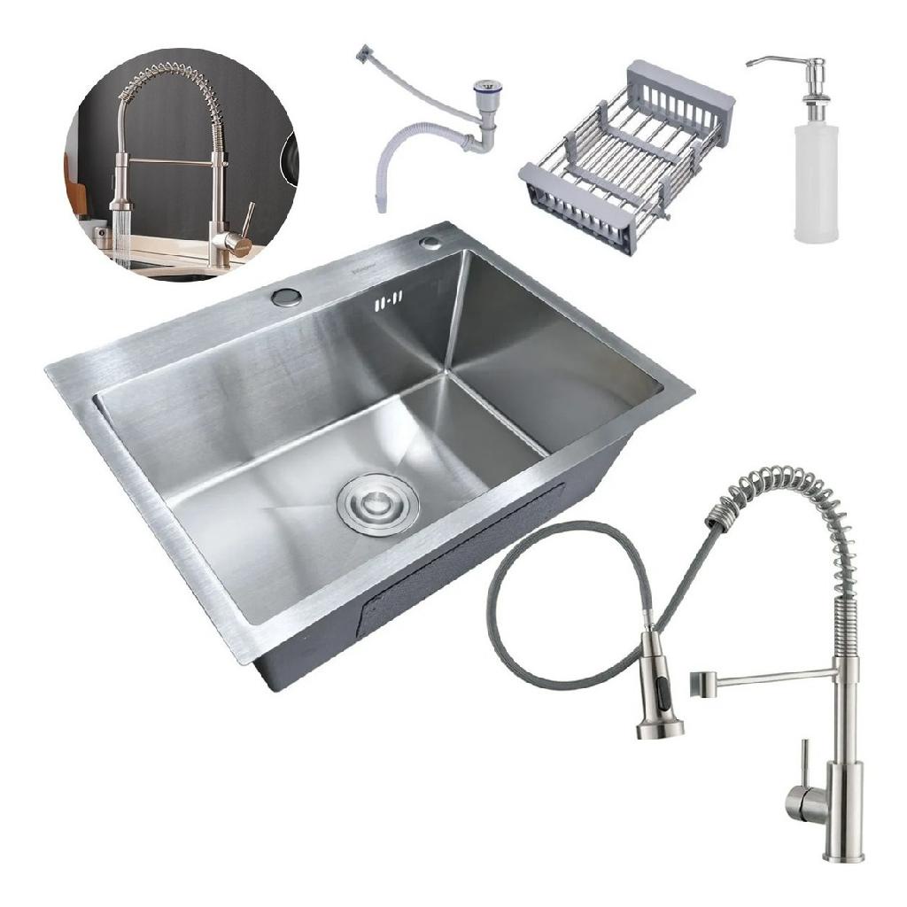 Cuba Pia Inox Prata Quadrada Cozinha Com Torneira Flexivel