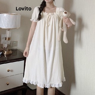 Lovito Casual Vestido de Dormir Feminino Liso com Amarra LNA34126 (Off-White)