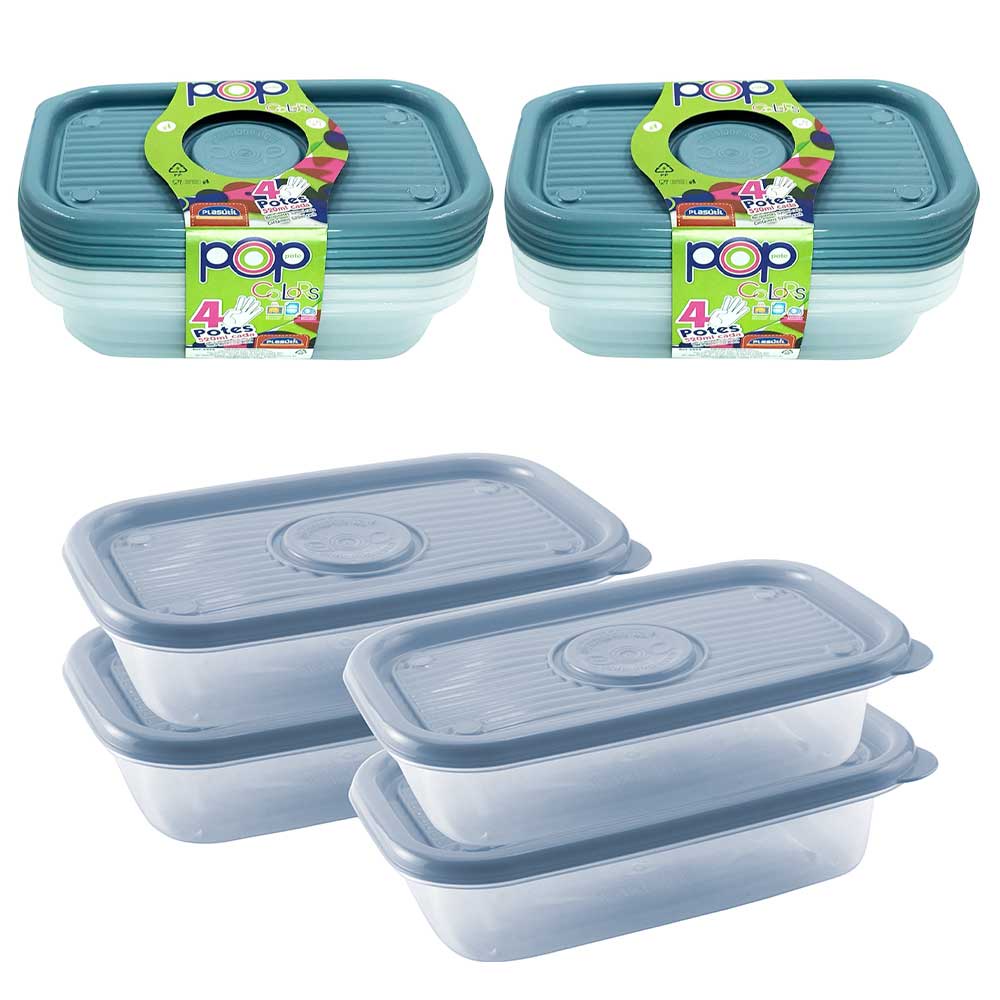 Kit 8 potes azul 520ml para mantimentos alimentos comida marmita vasilha plástica microondas freezer geladeira tapuer tapoer tapauer Plasútil
